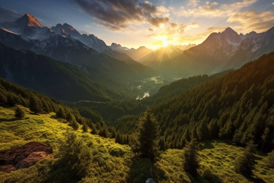 A mountain range with trees and a valley with the sun shining through