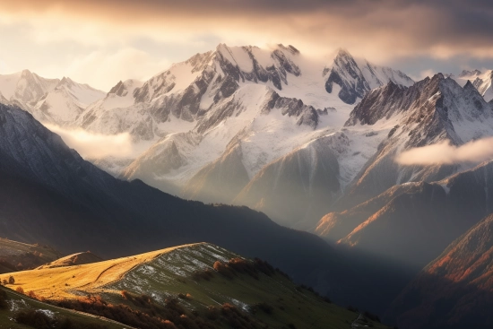 A snowy mountain range with sun rays coming through