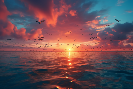 A group of birds flying over water