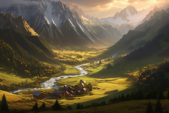 A valley with houses and a river in the middle of mountains