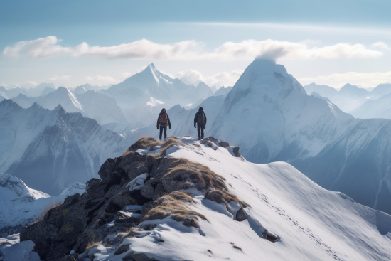 Two people standing on a snowy mountain top