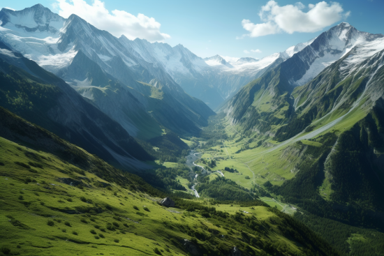 A valley with snow covered mountains and a valley with a river