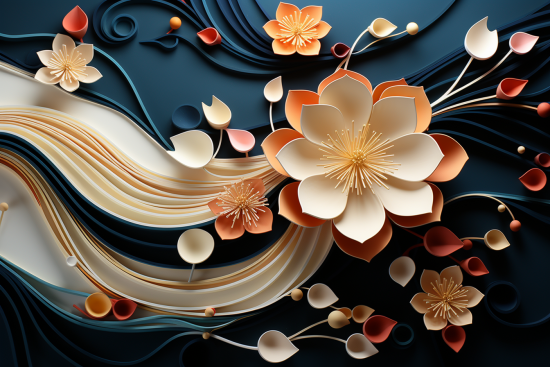 A paper flowers and leaves on a blue background