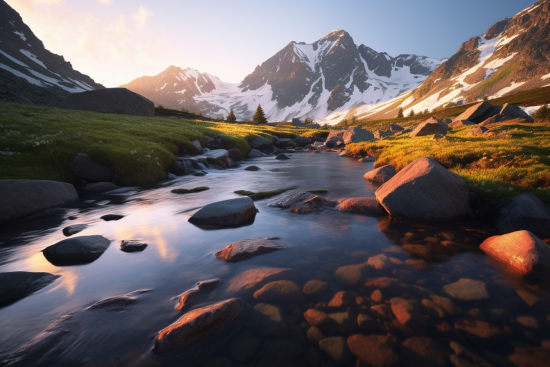 A river running through a valley with snow covered mountains