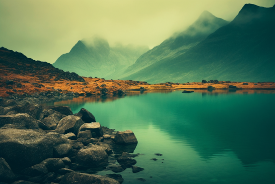 A body of water with rocks and mountains in the background