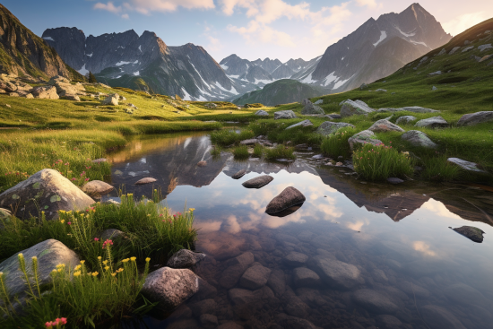 A stream of water with mountains in the background