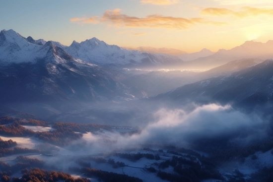 A snowy mountains with clouds and trees