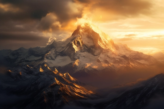 A mountain with snow and clouds