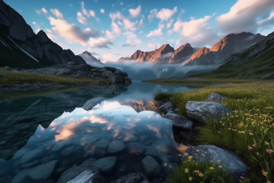 A river with rocks and grass and mountains in the background