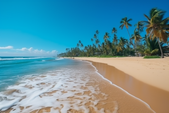 A beach with palm trees and blue sky