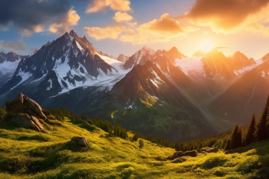A mountain range with snow covered mountains