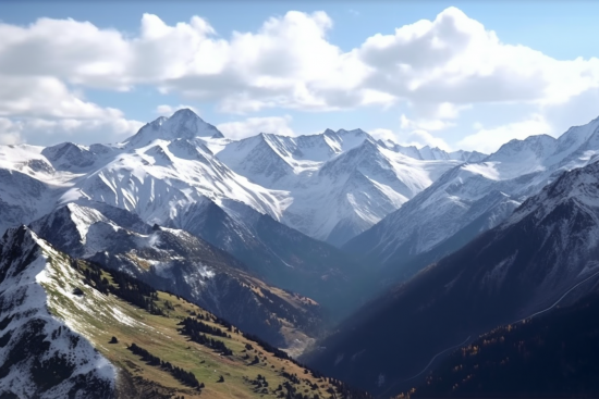 A snowy mountain range with trees