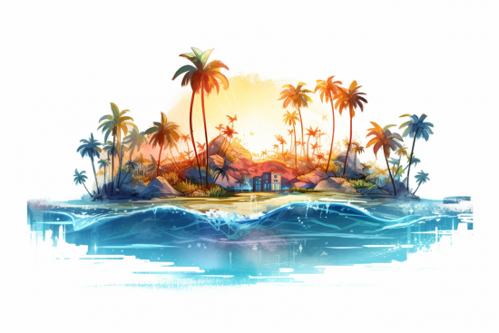 A tropical island with palm trees and a house on the water
