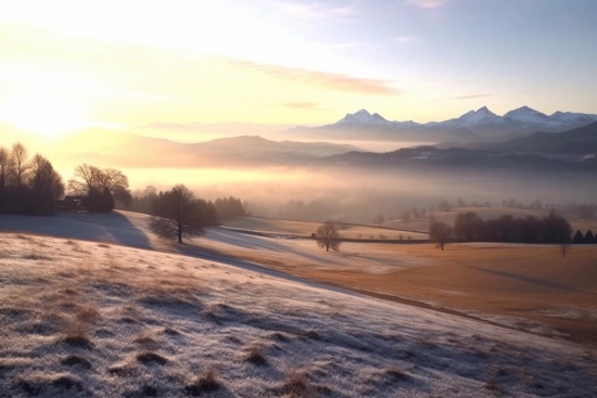 A snowy landscape with mountains in the background