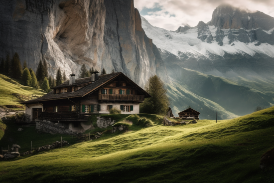 A house in a valley with mountains in the background