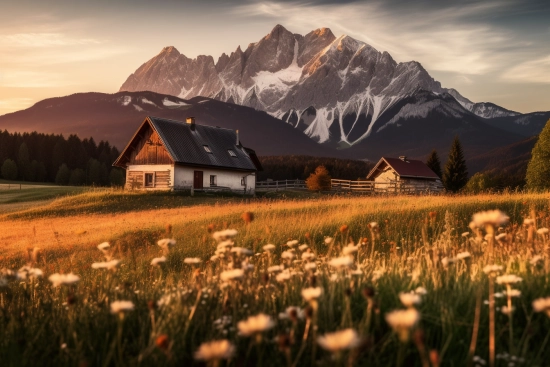 A house in a field with flowers in front of a mountain
