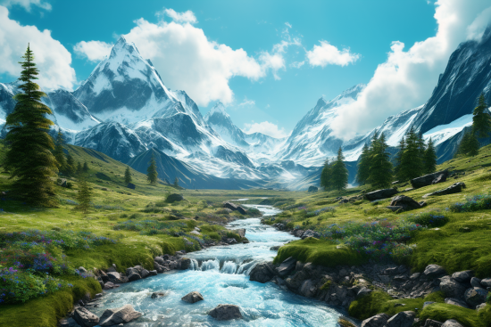 A river running through a valley with snow covered mountains