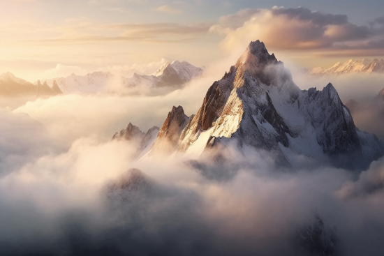 A mountain range with clouds and snow