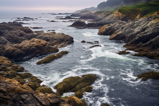 A rocky shore with waves crashing on rocks