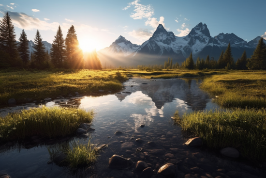 A river with grass and trees in front of mountains