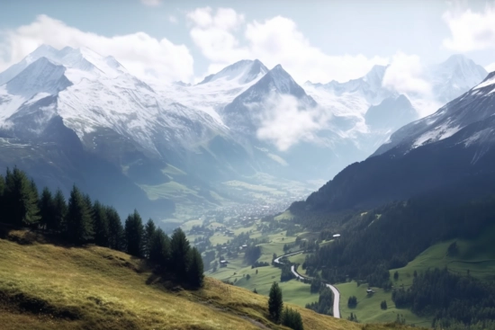 A landscape of a valley with trees and mountains