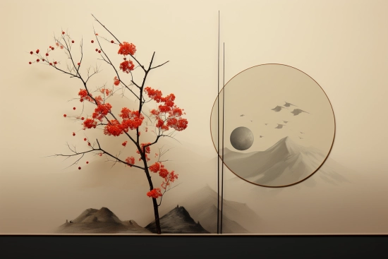 A tree with red flowers and mountains