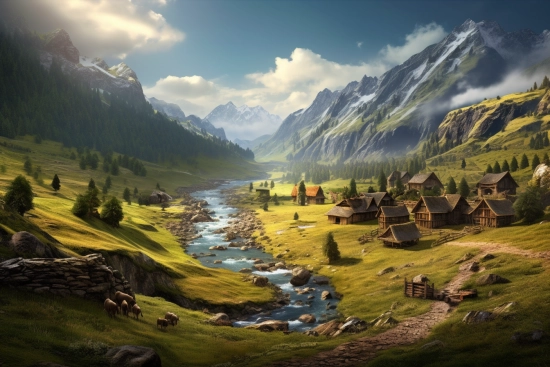 A river running through a valley with houses and mountains