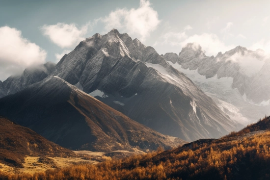 A mountain range with snow and clouds