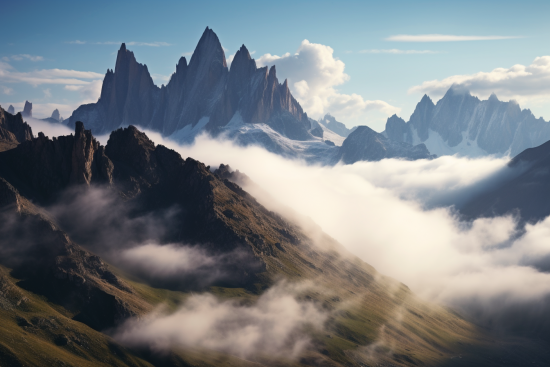 A mountain range with clouds and blue sky