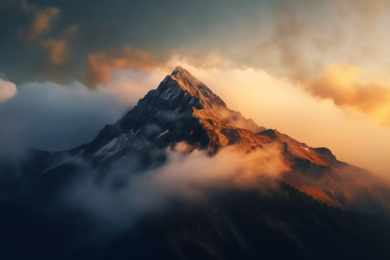 A mountain with clouds and sun shining through it
