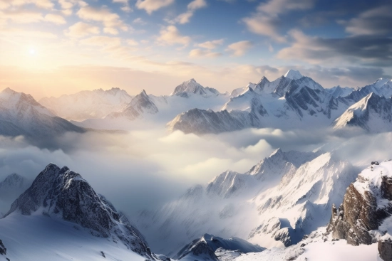 A snowy mountain tops with clouds