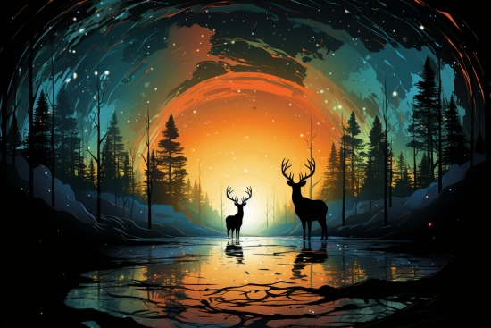 two deer standing in a lake with trees and a sunset