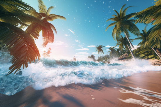 Waves crashing on a beach with palm trees