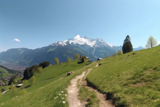 A path in a grassy field with a snowy mountain in the background