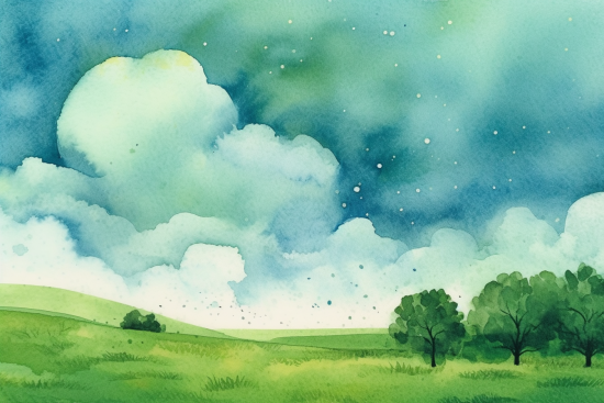 A watercolor of a landscape with trees and clouds