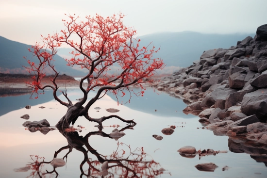 A tree with red leaves in water