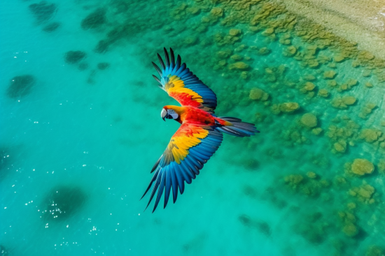A colorful bird flying over water