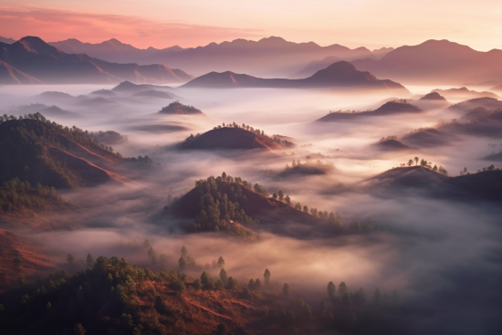 A landscape of mountains with fog