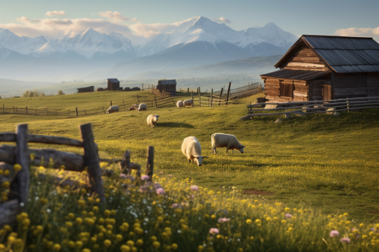A group of sheep grazing in a field with a barn and mountains in the background