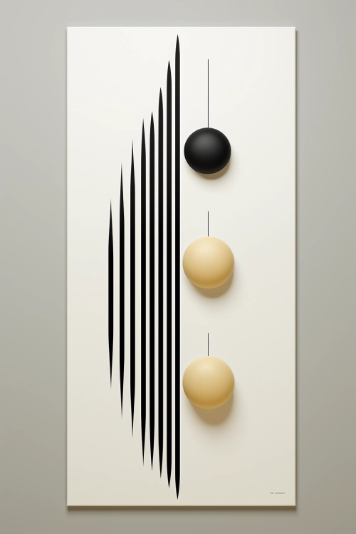 A black and white art with balls from a string
