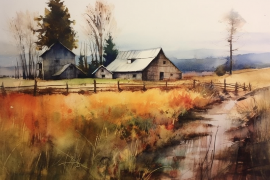 Watercolor painting of a farm with a fence and a house in the background