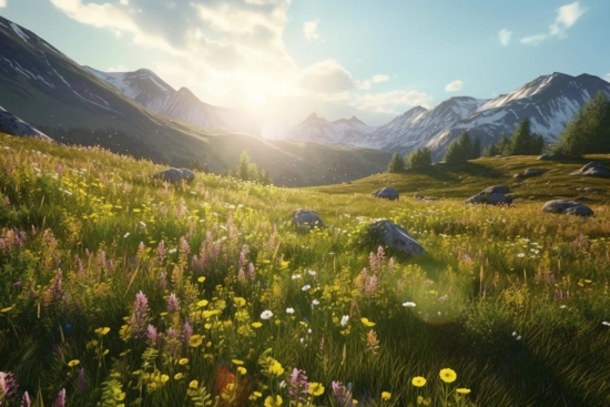 A field of flowers and mountains