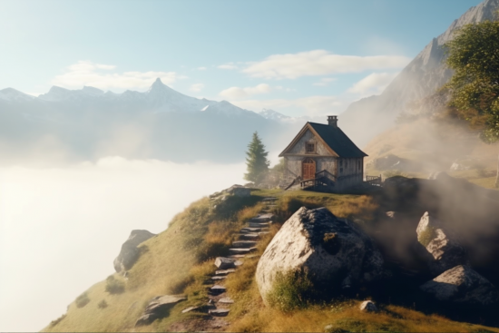 A house on a hill with rocks and mountains in the background