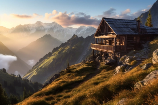 A wooden house on a mountain