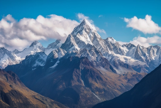 A snowy mountain tops with a blue sky