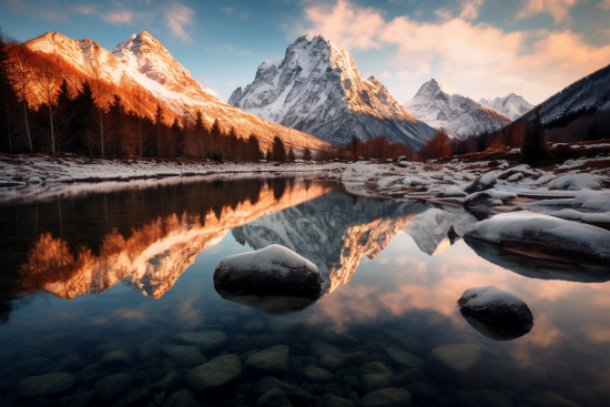 A lake with snow and mountains in the background