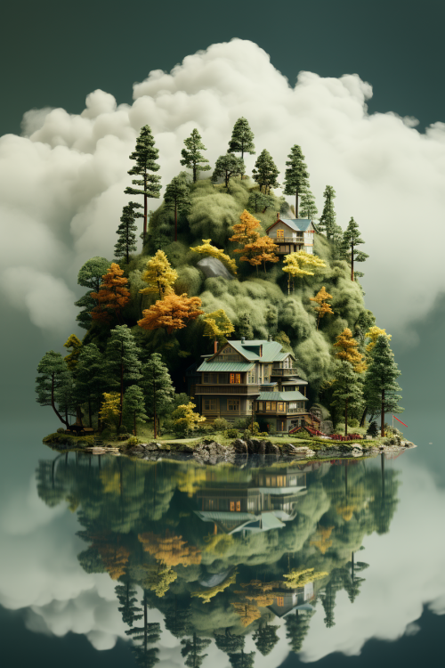A house on a small island surrounded by trees and clouds