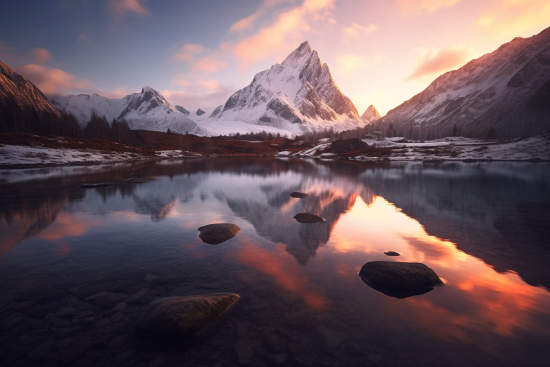 A lake with snow covered mountains and a cloudy sky