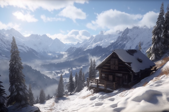 A cabin on a snowy mountain