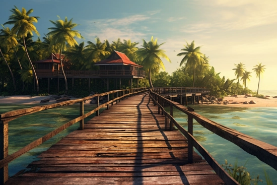 A wooden bridge over water with houses and trees